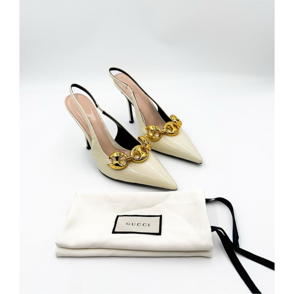 Gucci Marina Chain Slingback Pointed Toe Patent Leather Heels EU 42 US 12 - Picture 1 of 12